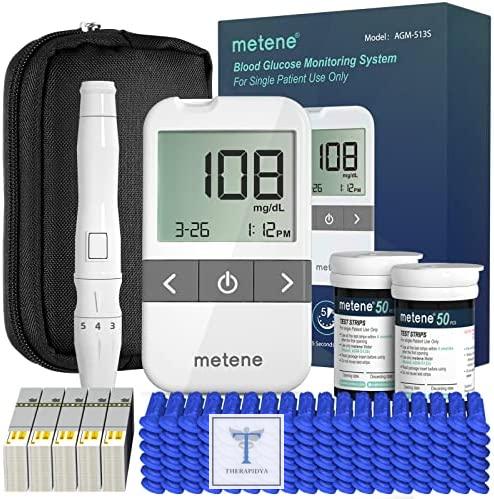 Metene AGM-513S glucose monitor kit with 100 test strips, 100 lancets, autopicker, and carrying case, non-coding. | Revue | Prix aux États-Unis