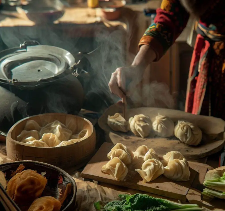 Een afbeelding van de keuken van een Mongoolse nomade, met de nadruk op het bereiden van maaltijden die gebruik maken van hele, natuurlijke ingrediënten en zo weinig mogelijk verwerkt of verpakt voedsel, zoals gestoomde knoedels gemaakt van volkoren meel en lokaal geteelde groenten