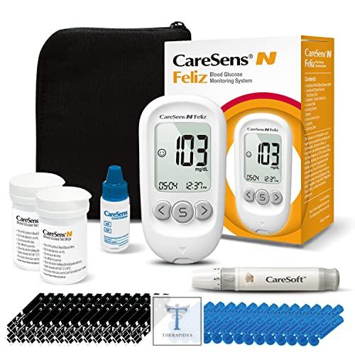 CareSens N Feliz kit de surveillance de la glycémie avec 100 bandelettes de test de glycémie, 100 lancettes, 1 lecteur de glycémie, 1 autopiqueur, 1 solution de contrôle, étui de voyage pour kit de test du diabète. | Revue | Prix aux États-Unis